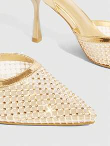 CUCCOO SZL Tacones altos de punta fina para mujer con strass dorados, malla, elegantes y sexy para fiesta y boda con correa de tobillo - Oro rosa - Ver 6