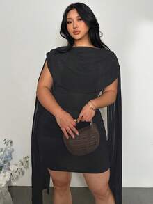 Firerie 加大码女士休闲优雅飘逸缎带修身连衣裙 节日连衣裙/优雅派对连衣裙/感恩节女装/新年连衣裙/冬季女装/秋季服装/新年连衣裙/派对连衣裙/黑色半身裙/黑色连衣裙 - 黑色 - 查看 5