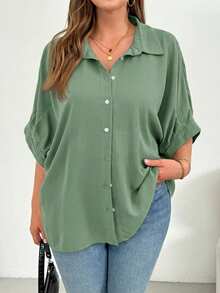 SHEIN Essnce Áo sơ mi nữ cỡ lớn thời trang xuân hè, dáng rộng thoải mái, đa năng, ôm nhẹ, màu đen cài nút, kiểu dáng đơn giản, thích hợp mặc hàng ngày, áo kiểu công sở, áo đồng phục giáo viên. - Màu xanh Bạc hà - Xem 5