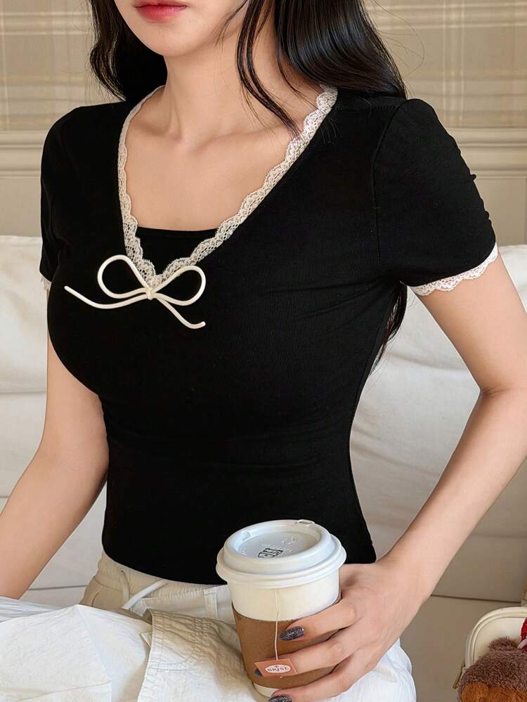 Women's Fashion Casual Lace Patchwork Bow Tie Short T-Shirt Summer