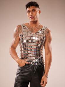 FeverCity 男士亮片拼接无袖圆领背心 - 銀色 - 查看 4