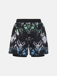 Tween Boy Geometric Print Double-Layer Beach Swim Trunks - Black - View 3