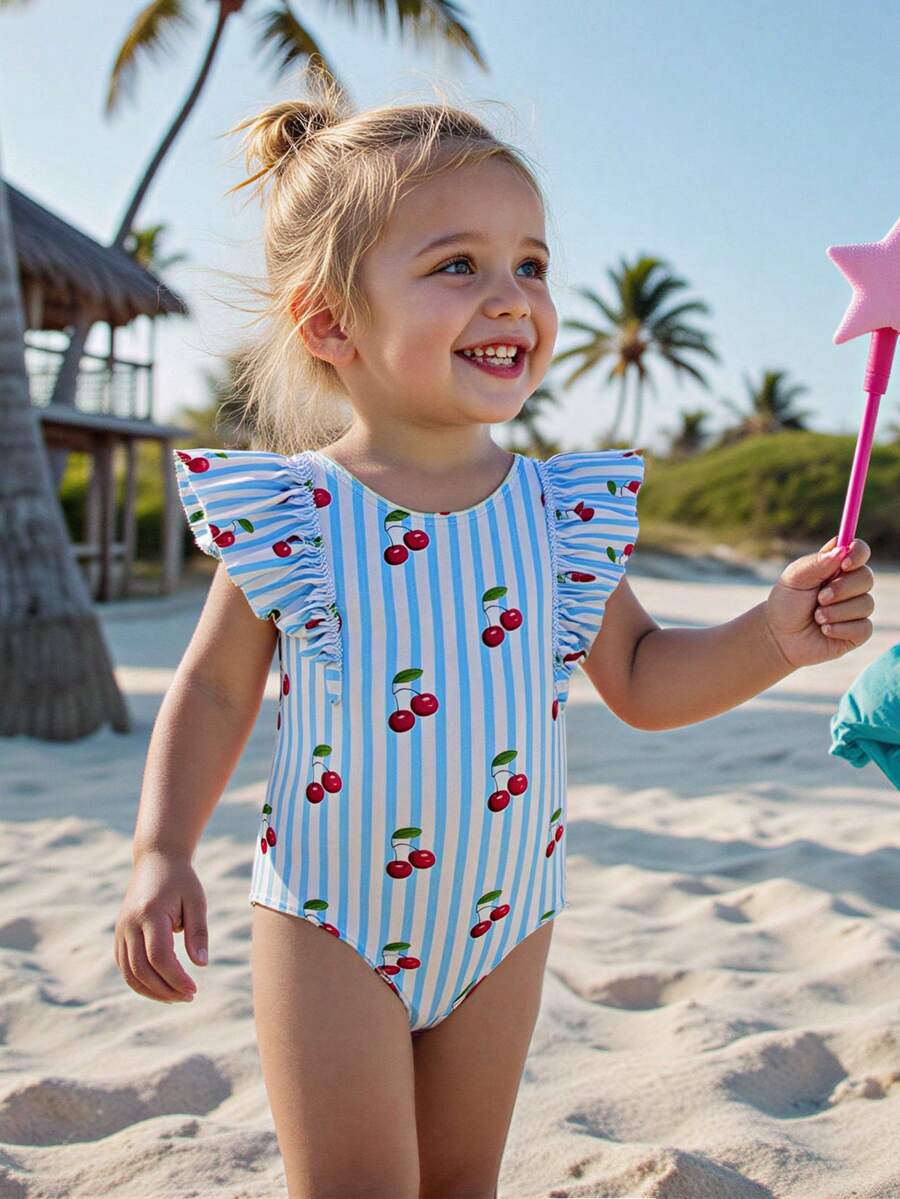 SHEIN Traje de baño de una pieza con estampado de fresa y falda de volantes de malla para niñas, lindo para vacaciones - Azul - Ver 1