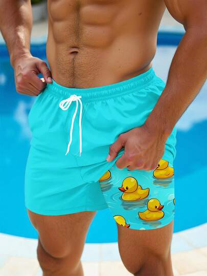 Manfinity RSRT Pantalones cortos casuales de playa con cordón en la cintura y estampado de pato para hombres