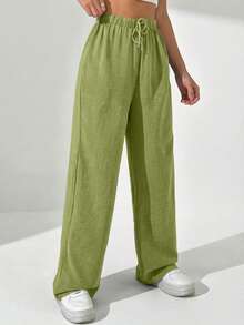 SHEIN Unity Pantalones casuales anchos de cintura con cordón de unicolor para mujer - Verde Oliva - Ver 5