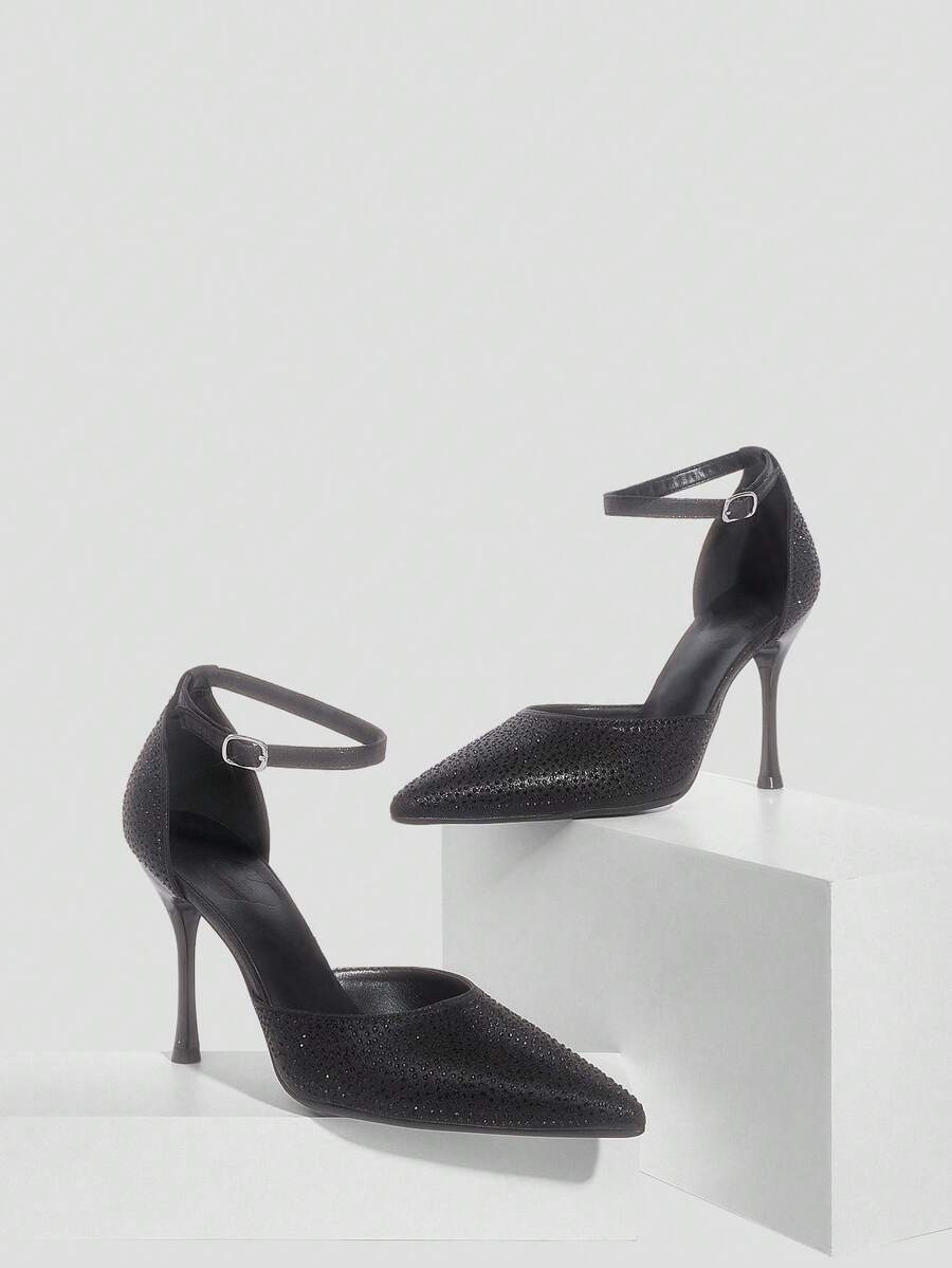 CUCCOO SZL 女士时尚尖头水钻踝带镂空性感高跟派对鞋 - 黑色 - 查看 1