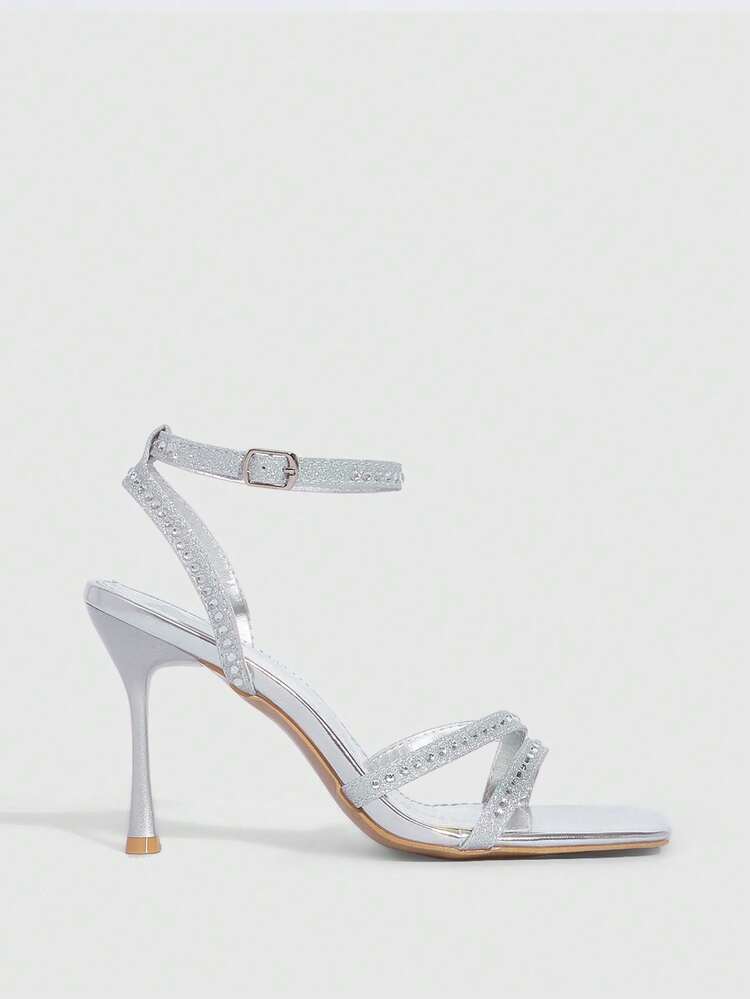 CUCCOO SZL Women's Square Toe Stiletto High Heel Sandals, Sexy Fashion Rhinestone Decor Blue Ankle Strap, Suitable For Dress, Party, Nightclub