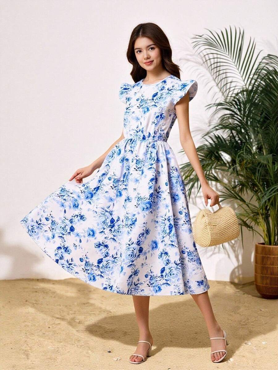 SHEIN ChillGRL 少女蓝色碎花瓷纹短袖收腰连衣裙，适合度假、日常休闲穿着、节日穿着 - 藍色 - 查看 1
