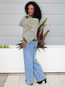 Steph T 女士秋冬时尚露肩领不对称领条纹长袖毛衣海岸魅力条纹落肩毛衣海军风毛衣 - 軍綠色 - 查看 3