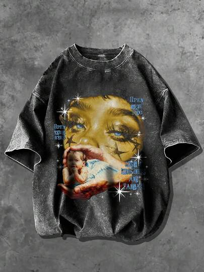 Manfinity EMRG 男士休闲时尚街头天使标语印花水洗宽松T恤，夏季