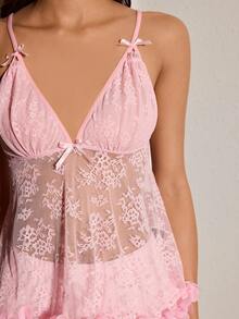 SHEIN 2pcs/Set Cherry Blossom Pink Lace Camisole Top & Hollow-Out Jacquard Knit Ruffle Hem Pajama Pants - Pink - View 6