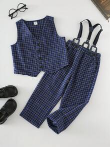 SHEIN 两件套男童休闲格子背心和裤子绅士西装套装 - 藍色 - 查看 5