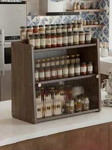 Caja de almacenamiento de cocina sin agujeros con puerta corrediza de acrílico. Estilo retro, ideal para almacenar artículos pequeños y cristalería. Perfecto para usar en el mostrador. Diseño trapezoidal, fácil de instalar - Nuez - Ver 5