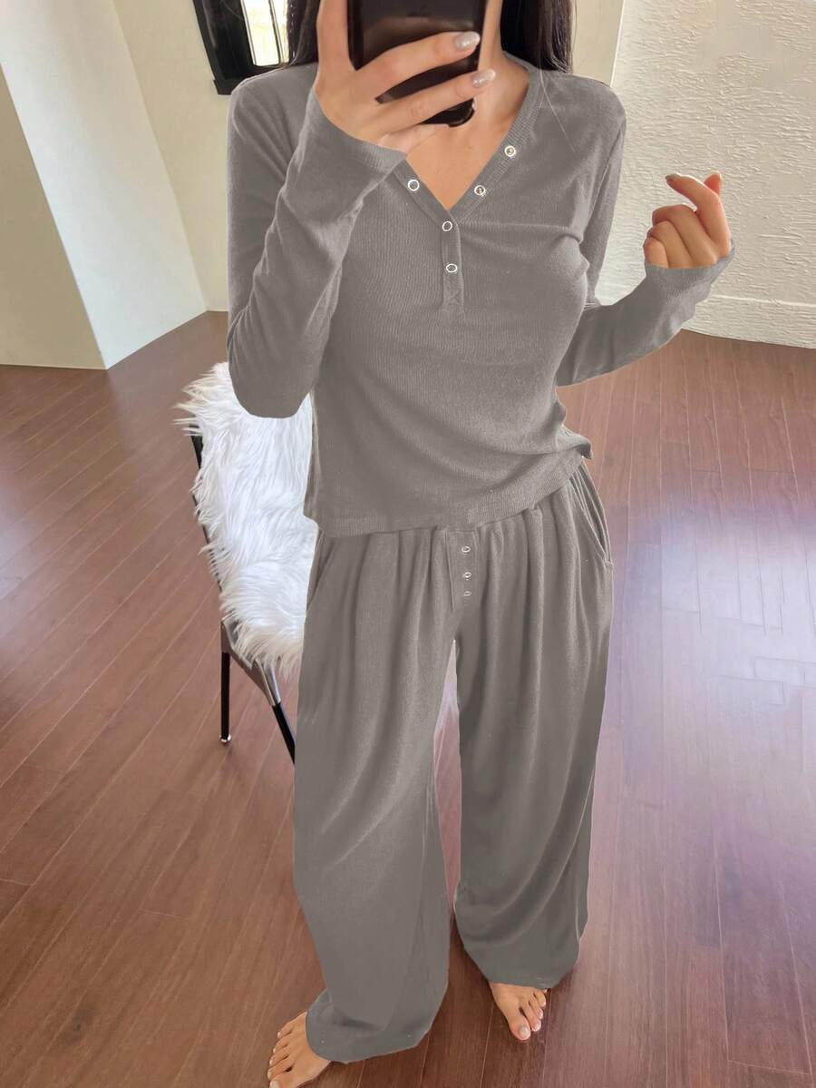 DAZY 2pcs Women Casual Knit Cardigan Top And Loose Pajama Pants Set, Comfortable Spring Loungewear - Grey - View 1