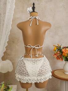 Bộ đồ bơi 3 món Swim Mod, áo bikini tam giác buộc dây cổ màu trơn với họa tiết hoa, trang trí vỏ sò ngọc trai, quần bikini buộc dây bên hông và chân váy xếp ly, bộ đồ bơi gợi cảm, bộ đồ bơi móc len mùa xuân/hè cho nữ, bộ bikini móc len ren cổ điển, bộ đồ Boho, bộ đồ đi biển 2 mảnh cho nữ, bộ đồ đi biển, bộ đồ phối hợp đi biển cho nữ, bộ đồ đi biển mùa hè cho nữ. - Màu be - Xem 3
