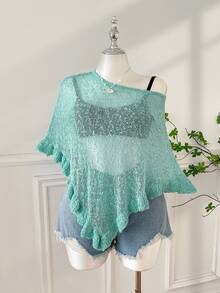 SHEIN EZwear 大码女式休闲荷叶边半透明斗篷毛衣，适合夏季外出和约会 - 水鴨藍 - 查看 3