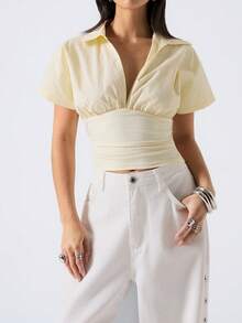 LYSMO 2026 New Arrive Minimalism Spring/Summer Women's Solid Batwing Sleeve Ruched Wide Hem Blouse - Light Yellow - View 5