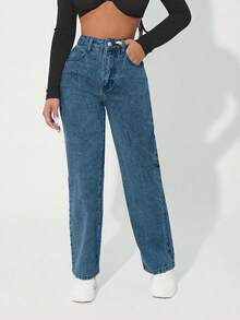 SHEIN PETITE Jeans de mezclilla de cintura alta lavados de estilo casual para mujer - Azul - Ver 4