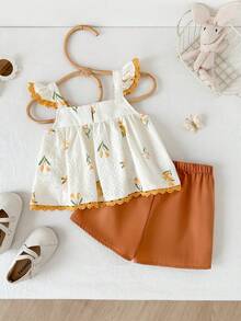 Cozy Pixies 2pcs Baby Girl Floral Print Ruffle Trim Sleeveless Top And Elastic Waist Pants Set - Multicolor - View 5