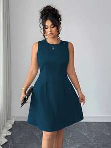 Elenzga 大码女式纯色圆领无袖休闲连衣裙 - 水鴨藍 - 查看 4