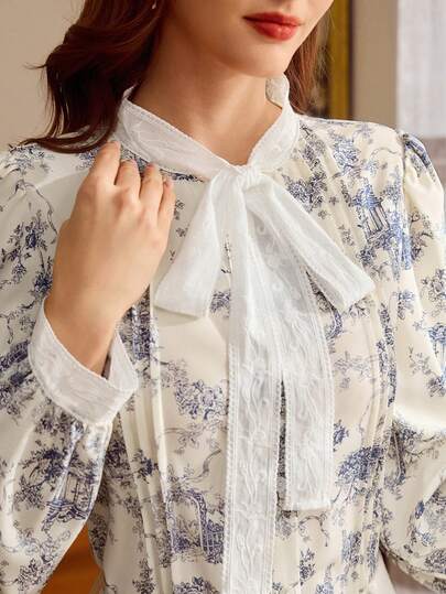 Vintamour 复古优雅女士蕾丝蝴蝶结碎花褶皱纽扣衬衫，休闲办公度假上衣，夏季假期，春季女士春假情人节优雅衬衫