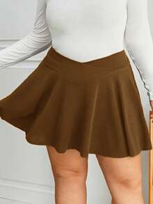 SHEIN Essnce 大码休闲纯色迷你短裙短裤，夏季 - 棕色 - 查看 4