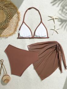 SHEIN 少女吊带背心式泳衣，休闲驼色三件套泳装+半裙，时尚休闲精致，适合游泳，适合夏季度假、海滩、游泳池、夏季派对休闲度假。少女比基尼三件套，棕色套装 - 駝色 - 查看 2