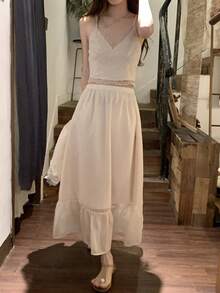 DAZY 女士法式蕾丝边饰薄纱雪纺上衣和半裙两件套 - 杏色 - 查看 9