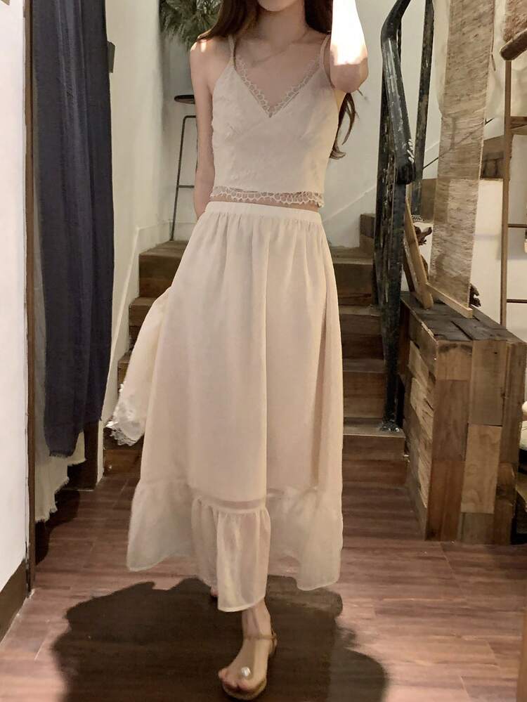 Women's French Lace Trim Sheer Chiffon Blouse And Skirt 2 Pieces Set