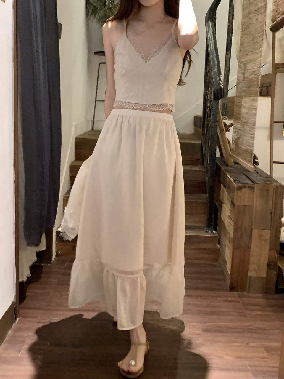 Women's French Lace Trim Tulle Acetate Top And Skirt Set, Elegant 3 PiecesOutfit