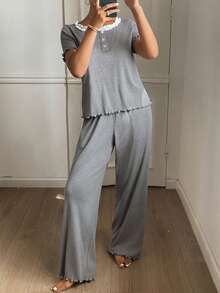 DAZY Contrast Color Trim Knit Women Pajama Set - Grey - View 4