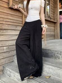 DAZY 女士黑色宽松镂空花卉直筒裤 - 黑色 - 查看 2