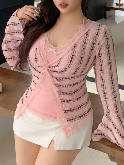 Dazy Plus 2pcs Plus Size Women Contrast Color Block Square Neck Short Sleeve Top And Loose Pants Pajama Set