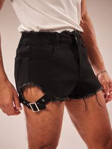 FeverCity Men's Distressed Pocket Denim Washed Elastic Loose Shorts - Black - View 1