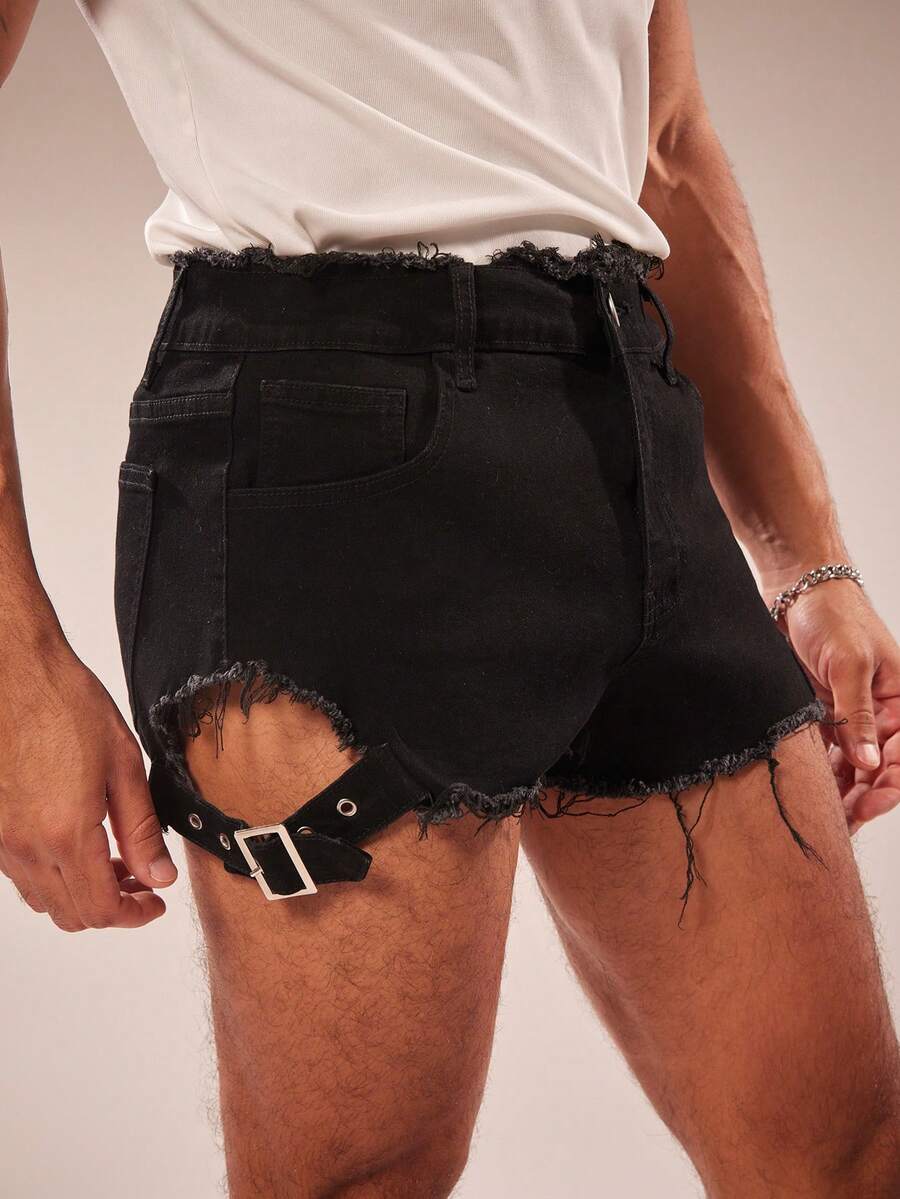 FeverCity Men's Distressed Pocket Denim Washed Elastic Loose Shorts - Black - View 1