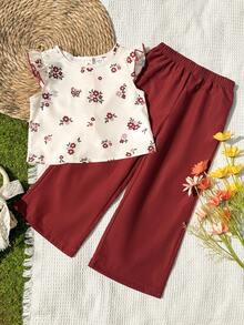 Vintaside Kids Bộ áo thun tay ngắn cài cúc sau lưng họa tiết hoa nhí cổ điển dành cho bé gái, gồm áo thun và quần dài. - Màu Đỏ Sâu - Xem 3