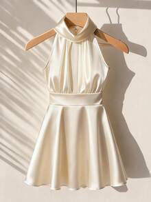 GlowEve 女士优雅无袖缎面迷你连衣裙，立领A字廓形，适合春夏穿着 - 杏色 - 查看 1