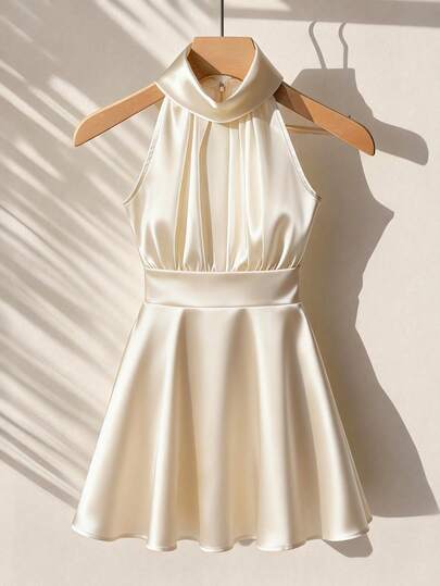 GlowEve Women's Elegant Sleeveless Satin Mini Dress With Stand Collar And A-Line Silhouette, Suitable For Spring/Summer