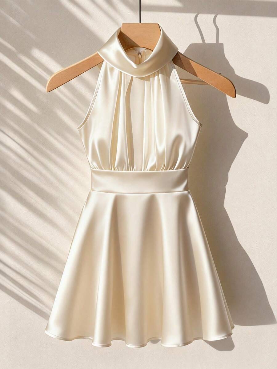 GlowEve 女士优雅无袖缎面迷你连衣裙，立领A字廓形，适合春夏穿着 - 杏色 - 查看 1