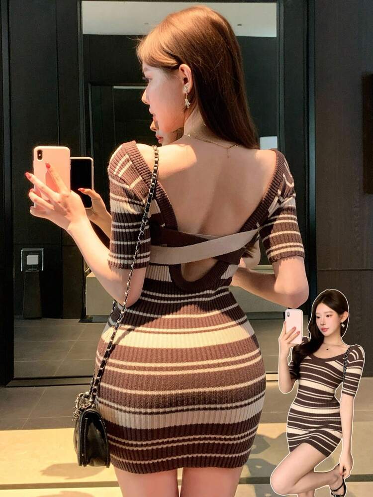 Brown Striped Color Block Casual Vacation Dress, Fashionable For Spring & Summer, Suitable For Valentine's Day And Wedding