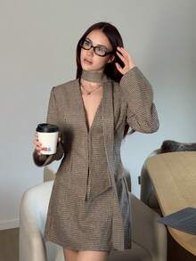 Abrilcols 3 件套复古别致通勤棕色千鸟格羊毛西装套装：修身西装外套 + 低腰裙 + 围巾（含垫肩） - 彩色 - 查看 5