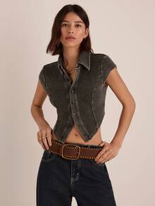 Easelle 女士黑色不对称下摆纽扣领针织衬衫 - 黑色 - 查看 1