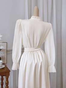 Modelyn New Luxury Elegant Lantern Sleeve Ruffle Beaded Charming Romantic Party Blouse - Apricot - View 6