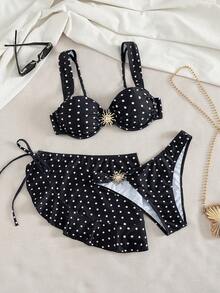 Swim Vcay Women's Summer Black & White Polka Dot Print Push-Up Bikini Swimsuit With Skirt 3-Piece Set - Black and White - View 1