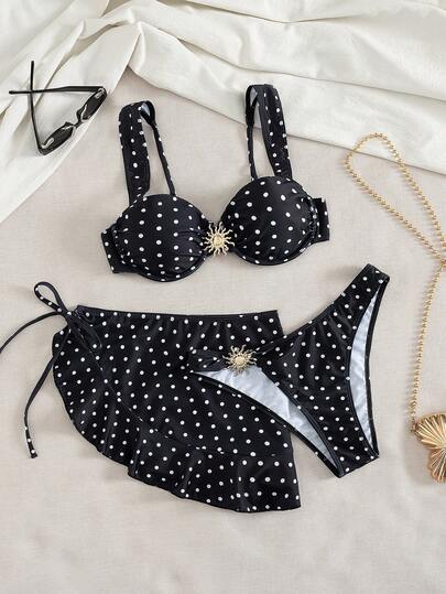 Swim Vcay Women's Summer Black & White Polka Dot Print Push-Up Bikini Swimsuit With Skirt 3-Piece Set