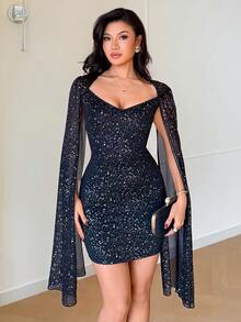 SHEIN Raffinéa 女士优雅性感不对称波点金属印花黑色针织短裙，适合晚宴、春夏穿着 - 黑色 - 查看 8