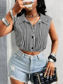 Glyssa 女士黑白条纹休闲度假日常通勤无袖露脐性感简约半开襟衬衫 - 黑與白 - 查看 1