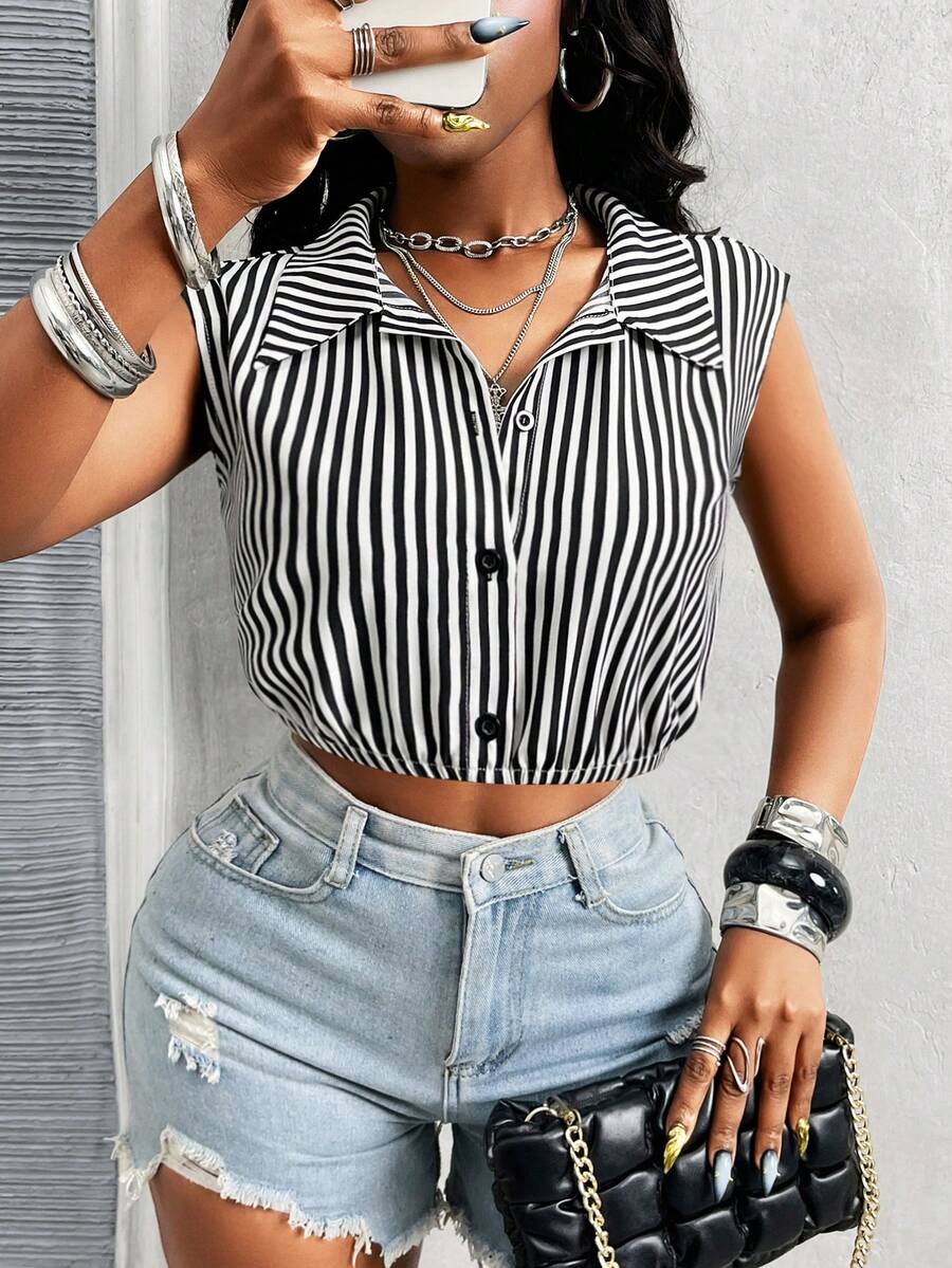 Glyssa 女士黑白条纹休闲度假日常通勤无袖露脐性感简约半开襟衬衫 - 黑與白 - 查看 1