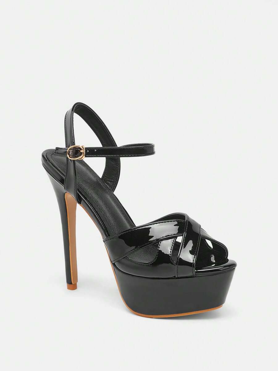 Glitzique 女式超高跟 14 厘米厚底防水台凉鞋，亮片露趾细跟 - 黑色 - 查看 1