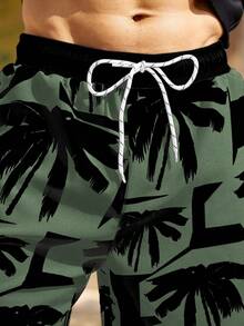 Manfinity Swimmode Conjunto de traje de baño de 2 piezas para hombre con parte superior de manga raglán con estampado tropical y contraste de color, y pantalones cortos con cordón en la cintura - Multicolor - Ver 5